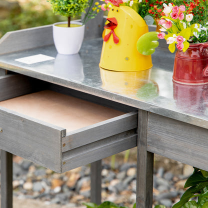 Outsunny Garden Potting Table, Wooden Workstation Bench w/ Galvanized Metal Tabletop, Drawer, Storage Shelves and Hooks for Patios, Courtyards, Balcony 