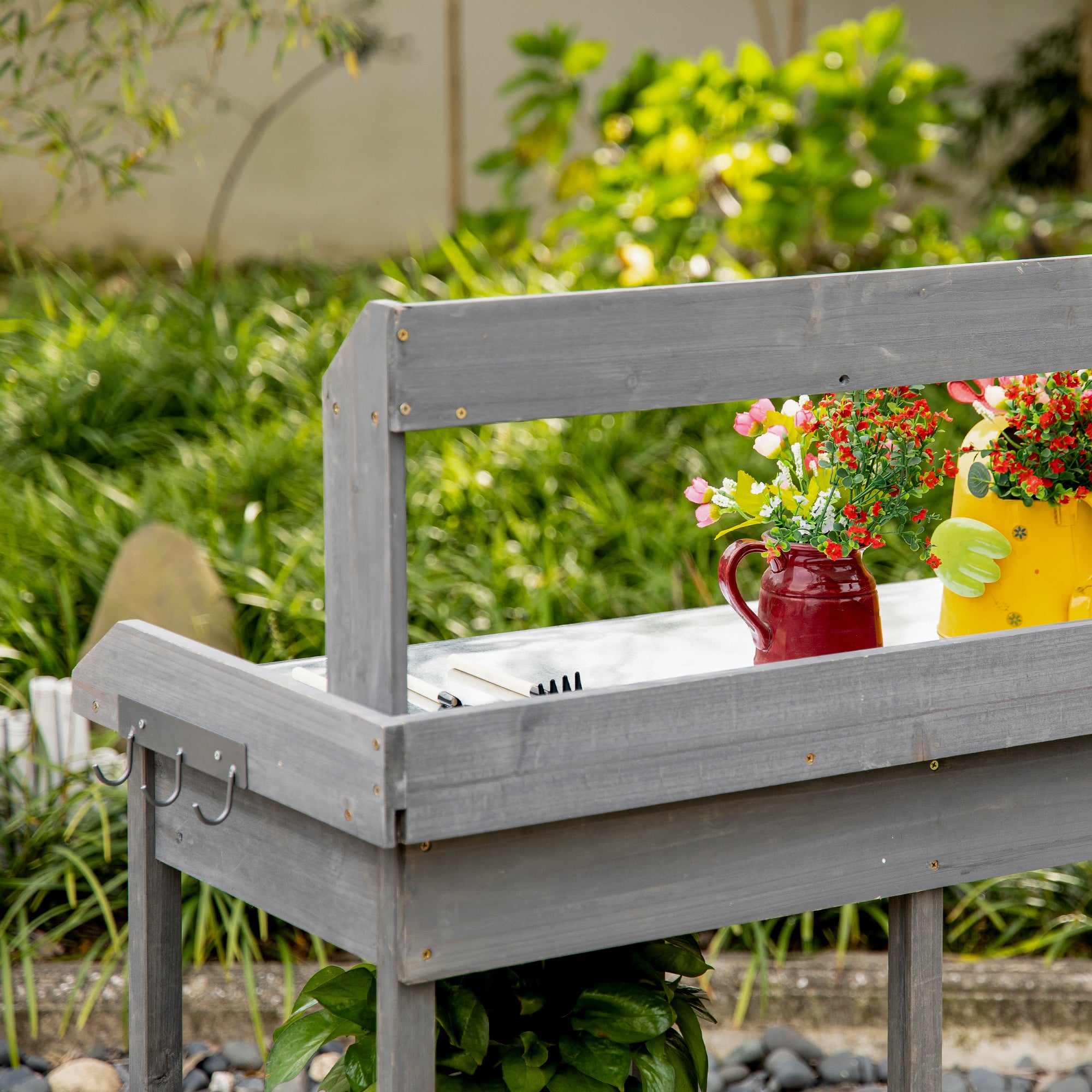 Outsunny Garden Potting Table, Wooden Workstation Bench w/ Galvanized Metal Tabletop, Drawer, Storage Shelves and Hooks for Patios, Courtyards, Balcony 