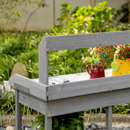 Outsunny Garden Potting Table, Wooden Workstation Bench w/ Galvanized Metal Tabletop, Drawer, Storage Shelves and Hooks for Patios, Courtyards, Balcony 
