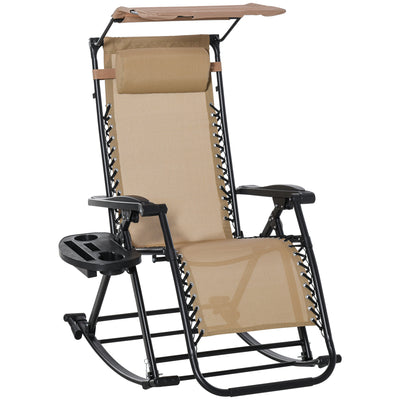 Outsunny Garden Rocking Chair Folding Recliner Outdoor Adjustable Sun Lounger Rocker Zero-Gravity Seat with Headrest Side Holder Patio Deck - Beige 