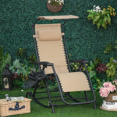 Outsunny Garden Rocking Chair Folding Recliner Outdoor Adjustable Sun Lounger Rocker Zero-Gravity Seat with Headrest Side Holder Patio Deck - Beige 