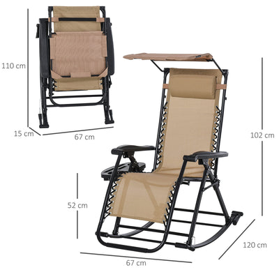 Outsunny Garden Rocking Chair Folding Recliner Outdoor Adjustable Sun Lounger Rocker Zero-Gravity Seat with Headrest Side Holder Patio Deck - Beige 