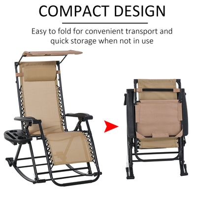 Outsunny Garden Rocking Chair Folding Recliner Outdoor Adjustable Sun Lounger Rocker Zero-Gravity Seat with Headrest Side Holder Patio Deck - Beige 