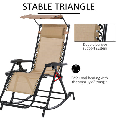 Outsunny Garden Rocking Chair Folding Recliner Outdoor Adjustable Sun Lounger Rocker Zero-Gravity Seat with Headrest Side Holder Patio Deck - Beige 