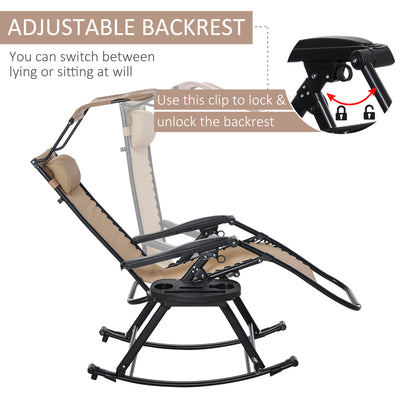 Outsunny Garden Rocking Chair Folding Recliner Outdoor Adjustable Sun Lounger Rocker Zero-Gravity Seat with Headrest Side Holder Patio Deck - Beige 