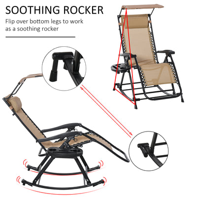 Outsunny Garden Rocking Chair Folding Recliner Outdoor Adjustable Sun Lounger Rocker Zero-Gravity Seat with Headrest Side Holder Patio Deck - Beige 