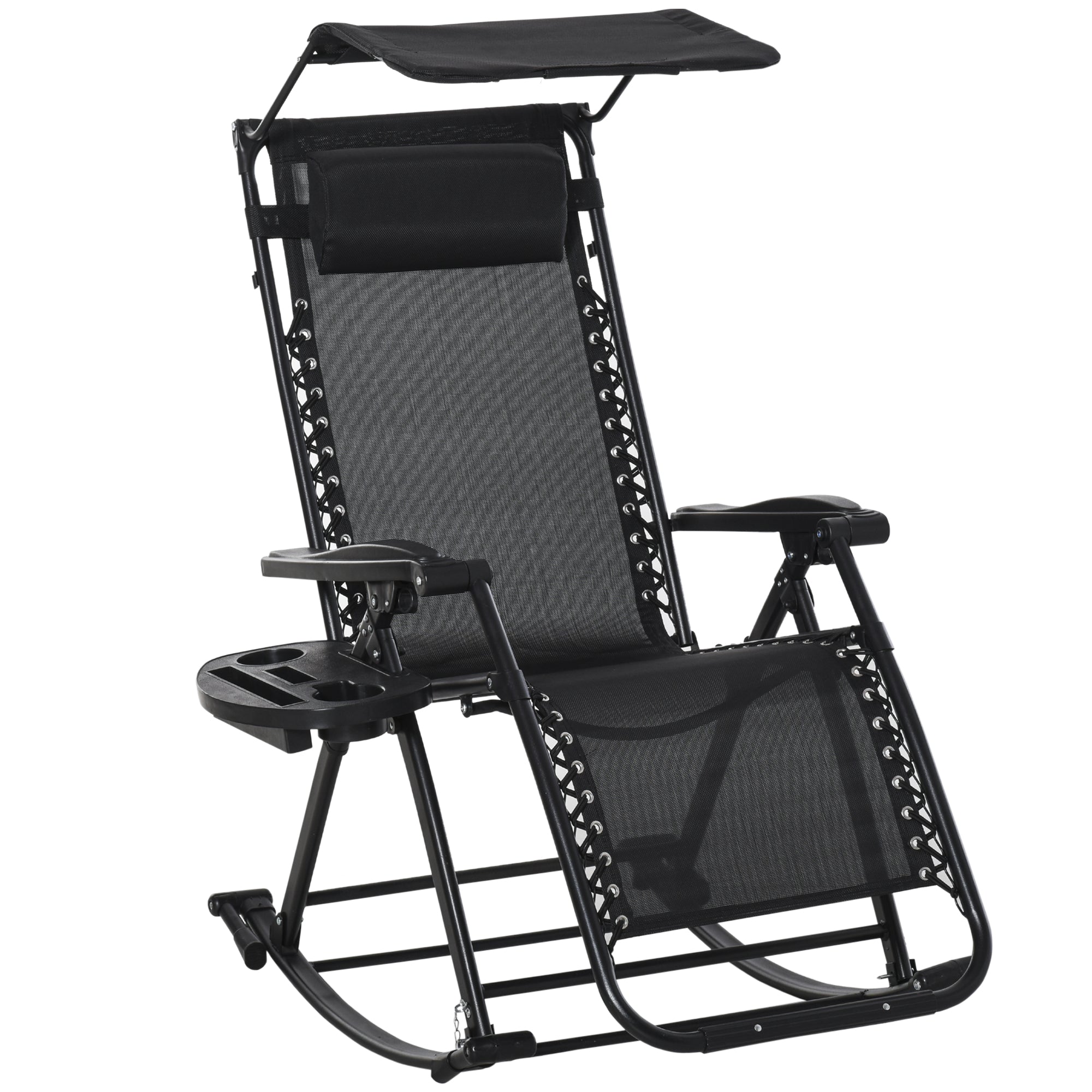 Outsunny Garden Rocking Chair Folding Recliner Outdoor Adjustable Sun Lounger Rocker Zero-Gravity Seat with Headrest Side Holder Patio Deck - Black 