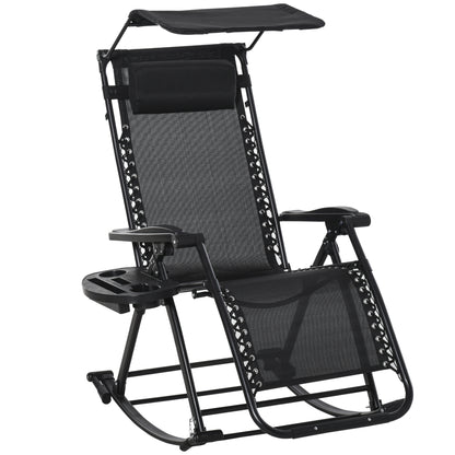 Outsunny Garden Rocking Chair Folding Recliner Outdoor Adjustable Sun Lounger Rocker Zero-Gravity Seat with Headrest Side Holder Patio Deck - Black 