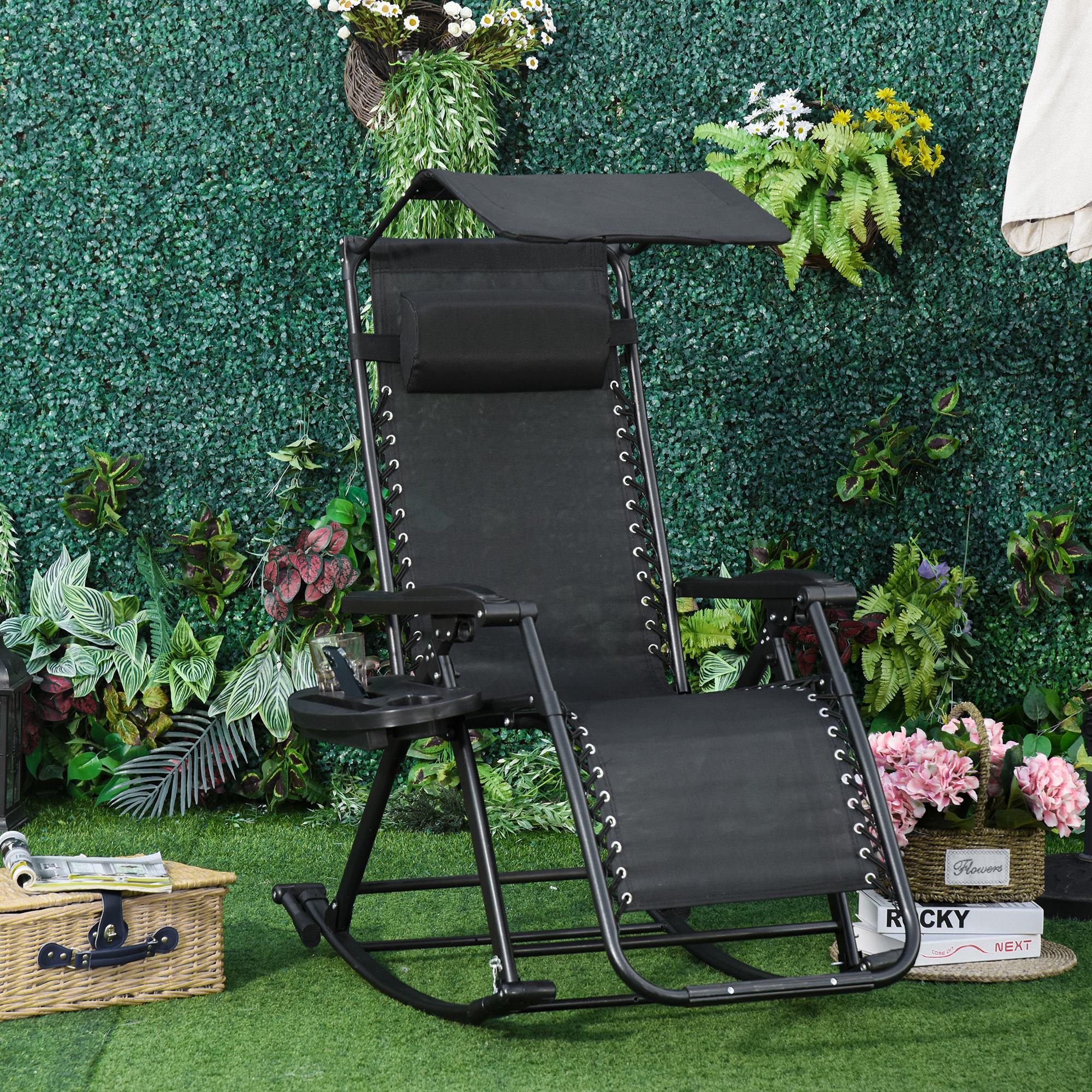 Outsunny Garden Rocking Chair Folding Recliner Outdoor Adjustable Sun Lounger Rocker Zero-Gravity Seat with Headrest Side Holder Patio Deck - Black 