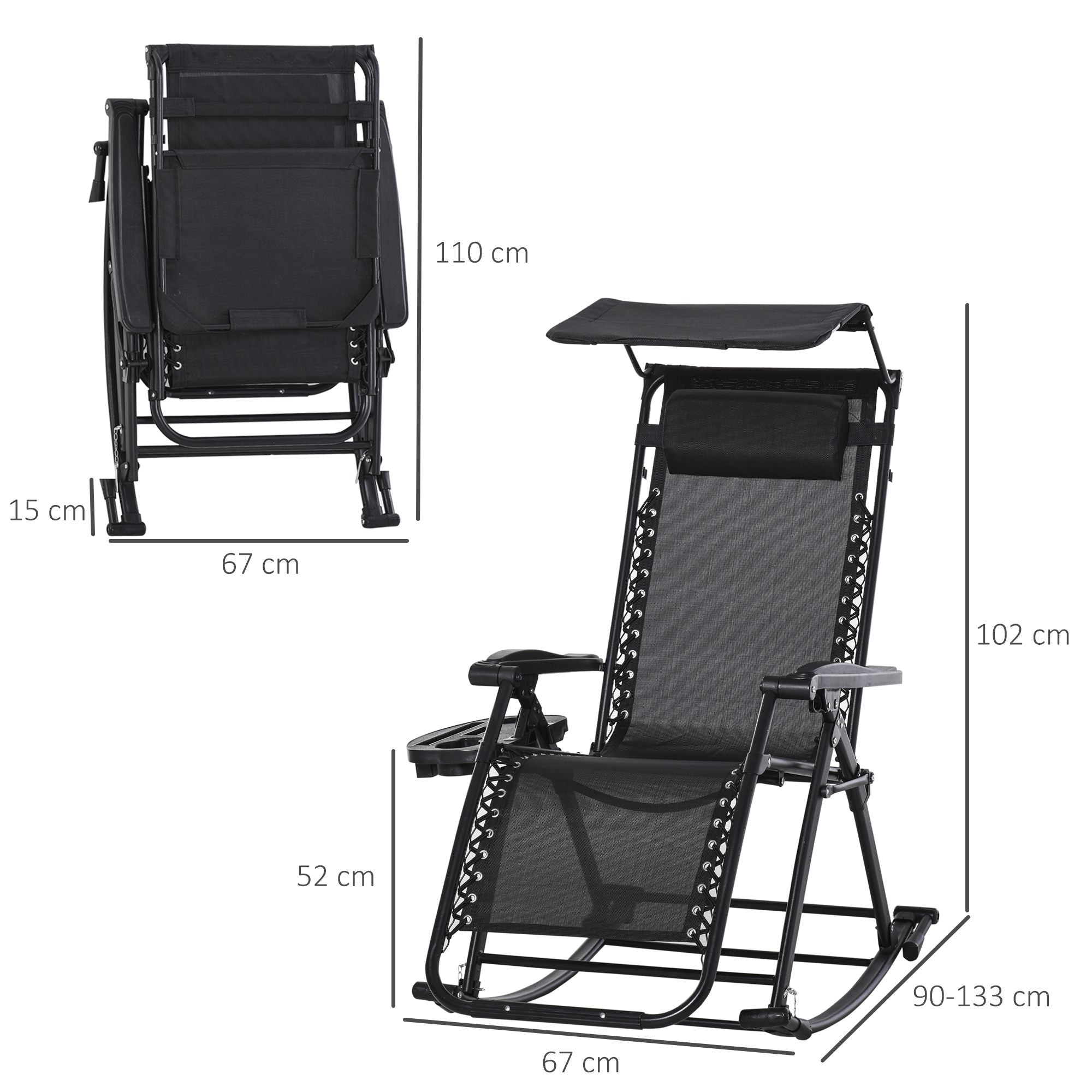 Outsunny Garden Rocking Chair Folding Recliner Outdoor Adjustable Sun Lounger Rocker Zero-Gravity Seat with Headrest Side Holder Patio Deck - Black 