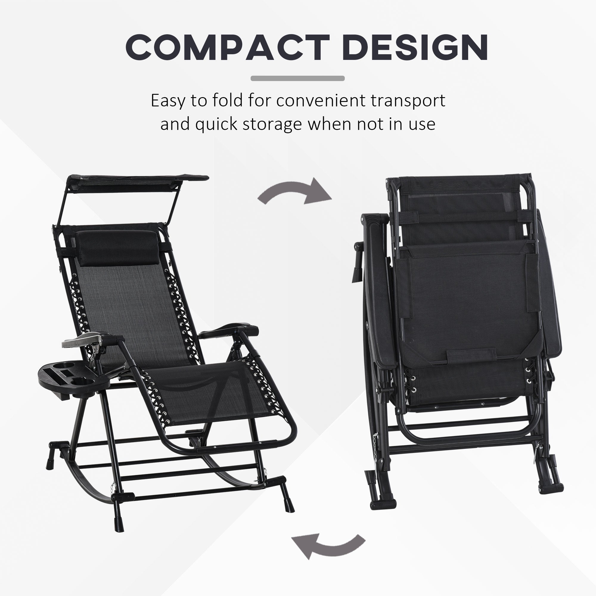 Outsunny Garden Rocking Chair Folding Recliner Outdoor Adjustable Sun Lounger Rocker Zero-Gravity Seat with Headrest Side Holder Patio Deck - Black 