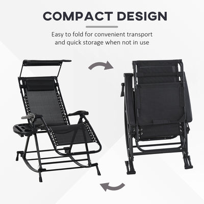 Outsunny Garden Rocking Chair Folding Recliner Outdoor Adjustable Sun Lounger Rocker Zero-Gravity Seat with Headrest Side Holder Patio Deck - Black 