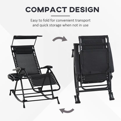 Outsunny Garden Rocking Chair Folding Recliner Outdoor Adjustable Sun Lounger Rocker Zero-Gravity Seat with Headrest Side Holder Patio Deck - Black 