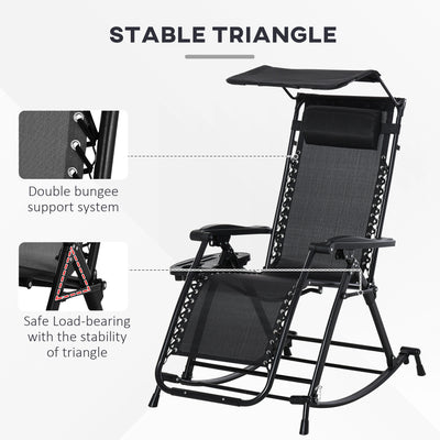 Outsunny Garden Rocking Chair Folding Recliner Outdoor Adjustable Sun Lounger Rocker Zero-Gravity Seat with Headrest Side Holder Patio Deck - Black 