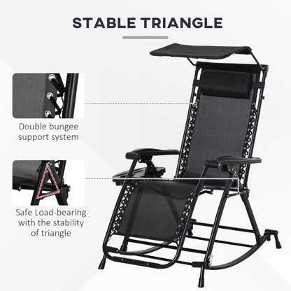 Outsunny Garden Rocking Chair Folding Recliner Outdoor Adjustable Sun Lounger Rocker Zero-Gravity Seat with Headrest Side Holder Patio Deck - Black 