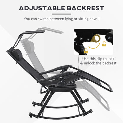 Outsunny Garden Rocking Chair Folding Recliner Outdoor Adjustable Sun Lounger Rocker Zero-Gravity Seat with Headrest Side Holder Patio Deck - Black 