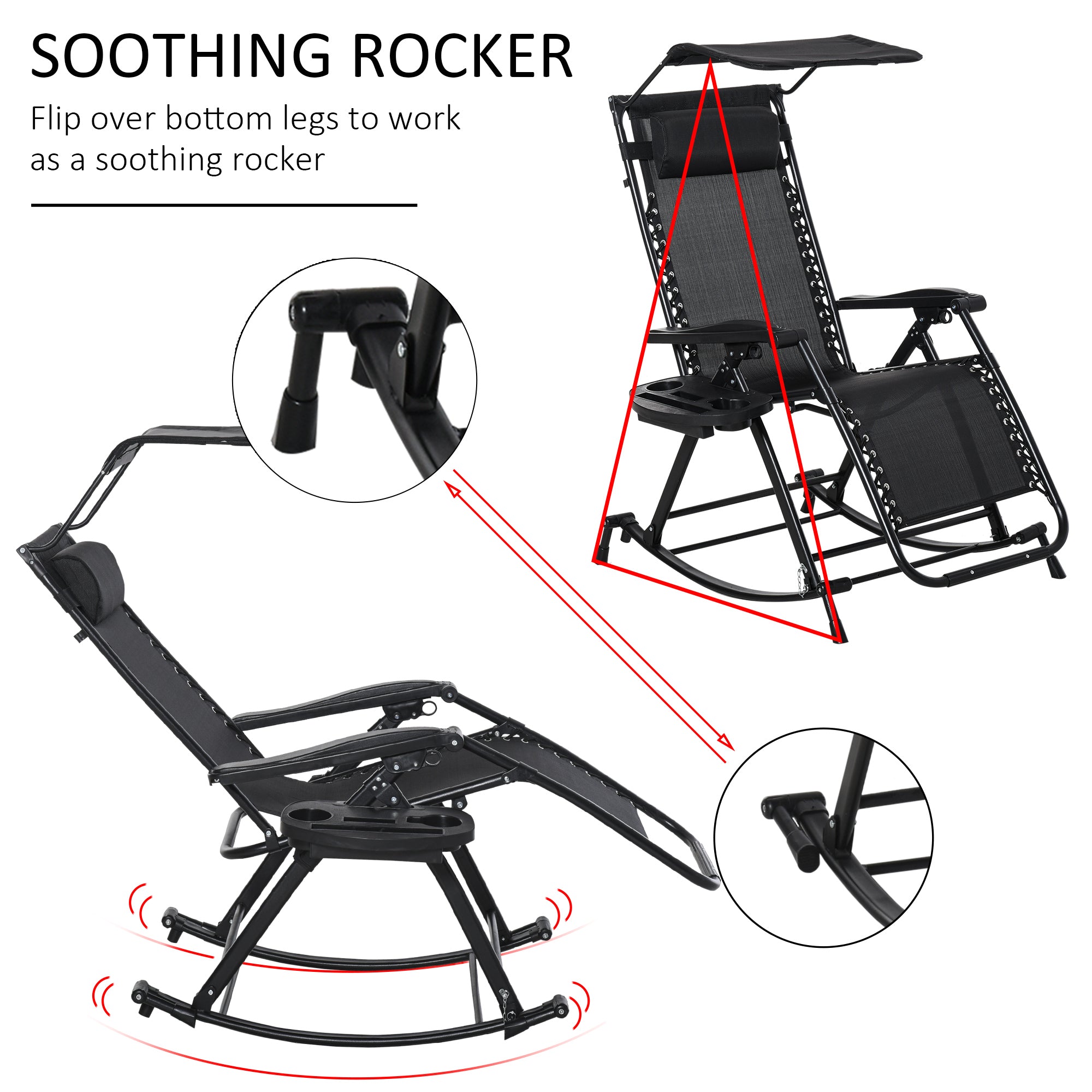 Outsunny Garden Rocking Chair Folding Recliner Outdoor Adjustable Sun Lounger Rocker Zero-Gravity Seat with Headrest Side Holder Patio Deck - Black 