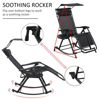 Outsunny Garden Rocking Chair Folding Recliner Outdoor Adjustable Sun Lounger Rocker Zero-Gravity Seat with Headrest Side Holder Patio Deck - Black 