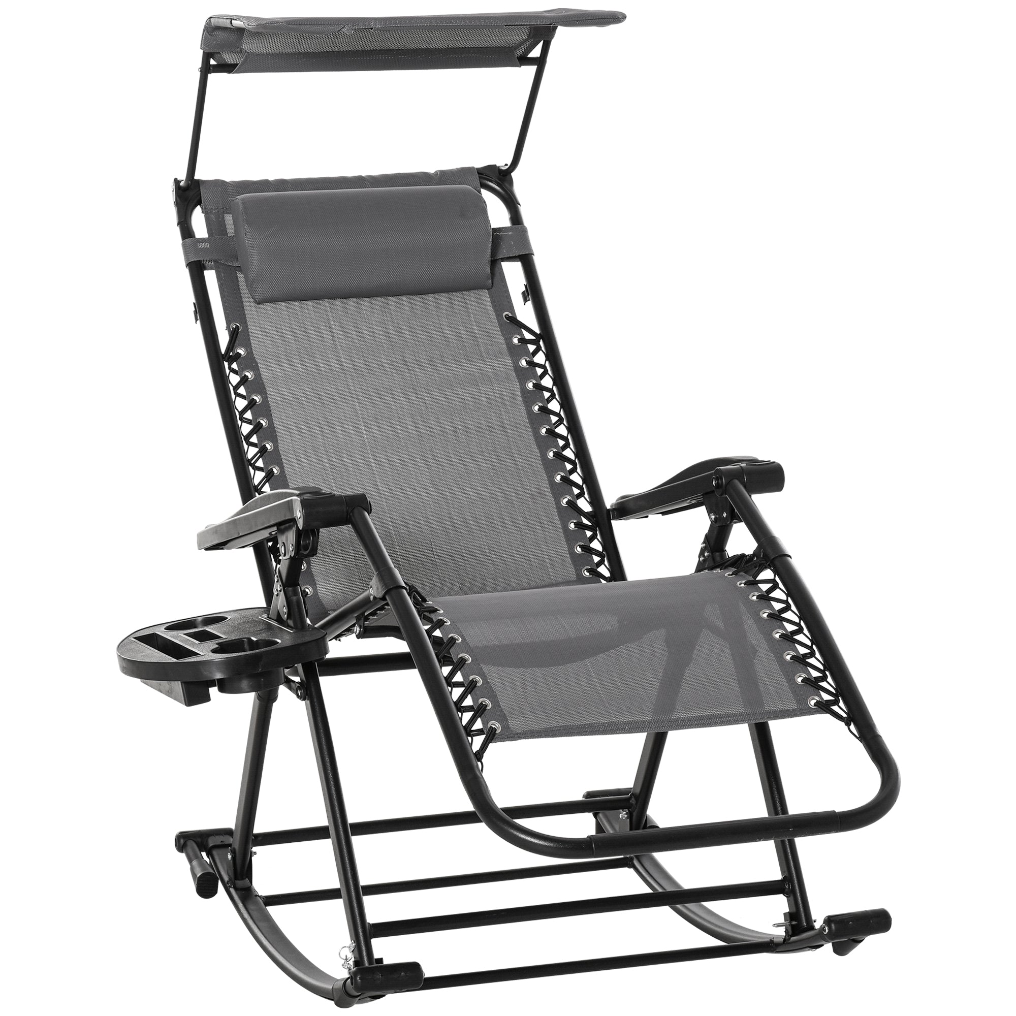 Outsunny Garden Rocking Chair Folding Recliner Outdoor Adjustable Sun Lounger Rocker Zero-Gravity Seat with Headrest Side Holder Patio Deck - Grey 