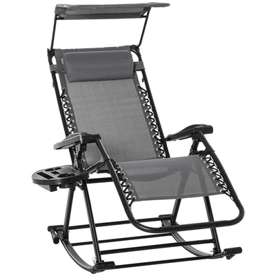 Outsunny Garden Rocking Chair Folding Recliner Outdoor Adjustable Sun Lounger Rocker Zero-Gravity Seat with Headrest Side Holder Patio Deck - Grey 