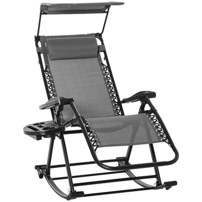 Outsunny Garden Rocking Chair Folding Recliner Outdoor Adjustable Sun Lounger Rocker Zero-Gravity Seat with Headrest Side Holder Patio Deck - Grey 