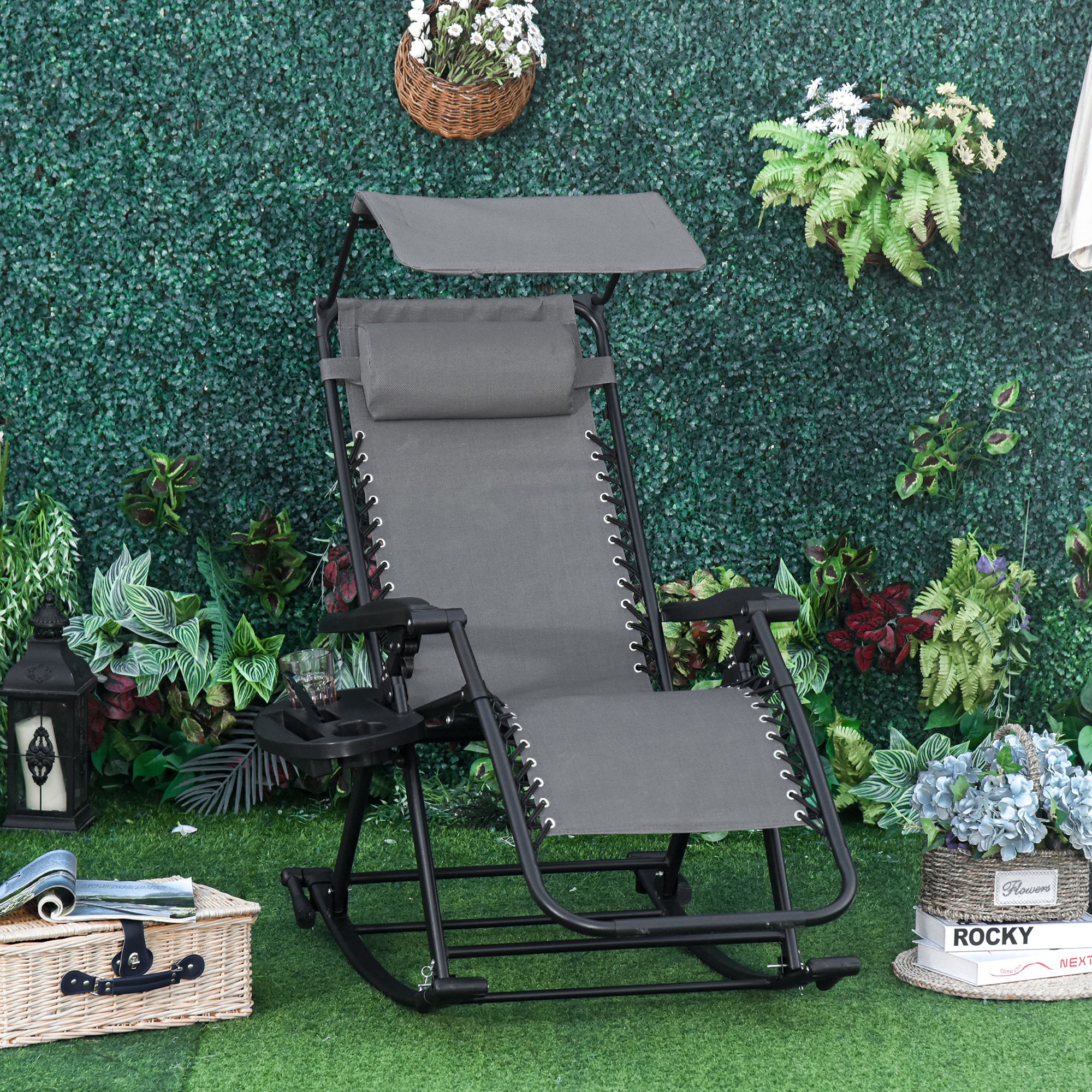 Outsunny Garden Rocking Chair Folding Recliner Outdoor Adjustable Sun Lounger Rocker Zero-Gravity Seat with Headrest Side Holder Patio Deck - Grey 