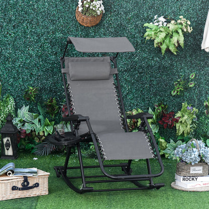 Outsunny Garden Rocking Chair Folding Recliner Outdoor Adjustable Sun Lounger Rocker Zero-Gravity Seat with Headrest Side Holder Patio Deck - Grey 