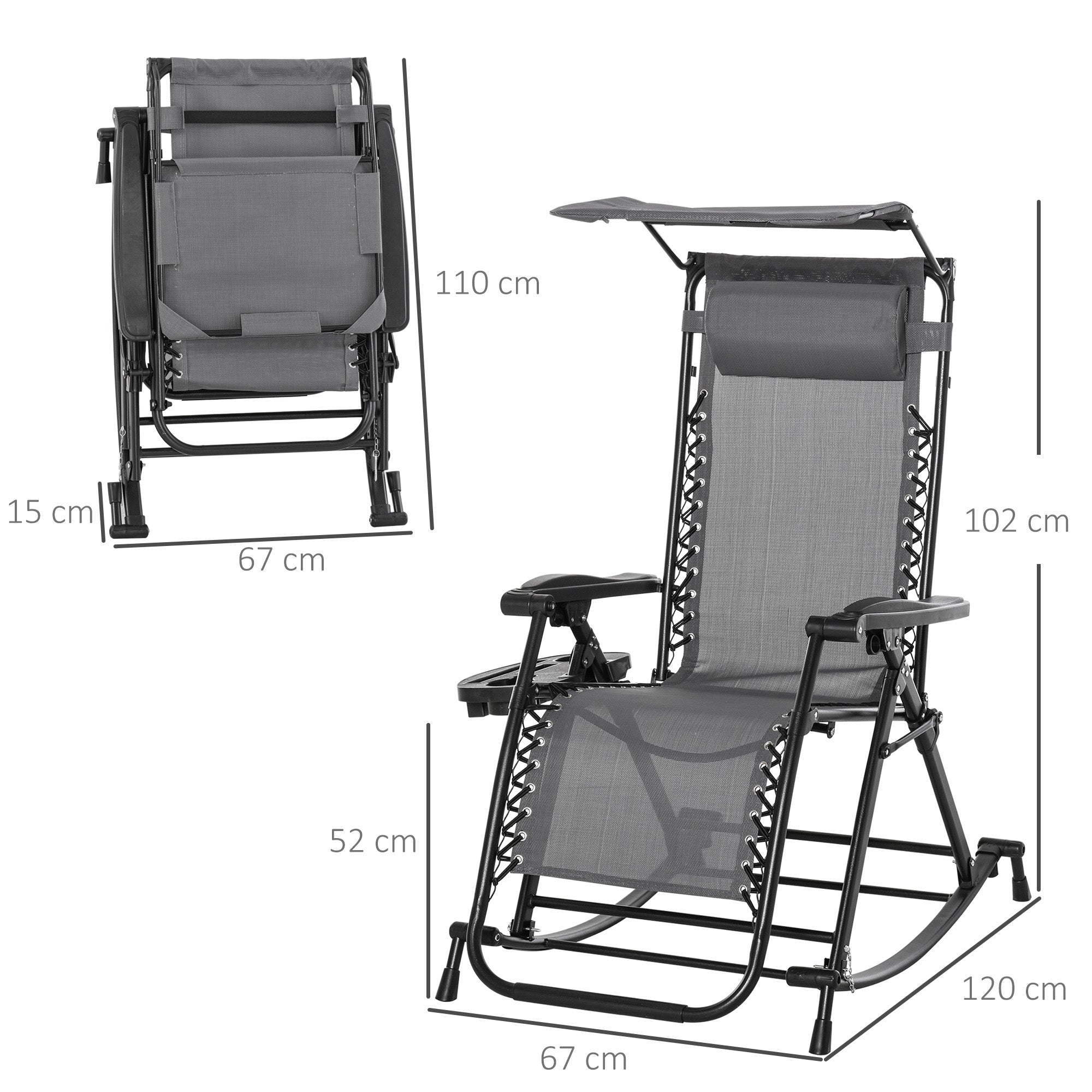 Outsunny Garden Rocking Chair Folding Recliner Outdoor Adjustable Sun Lounger Rocker Zero-Gravity Seat with Headrest Side Holder Patio Deck - Grey 