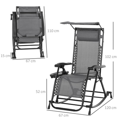 Outsunny Garden Rocking Chair Folding Recliner Outdoor Adjustable Sun Lounger Rocker Zero-Gravity Seat with Headrest Side Holder Patio Deck - Grey 