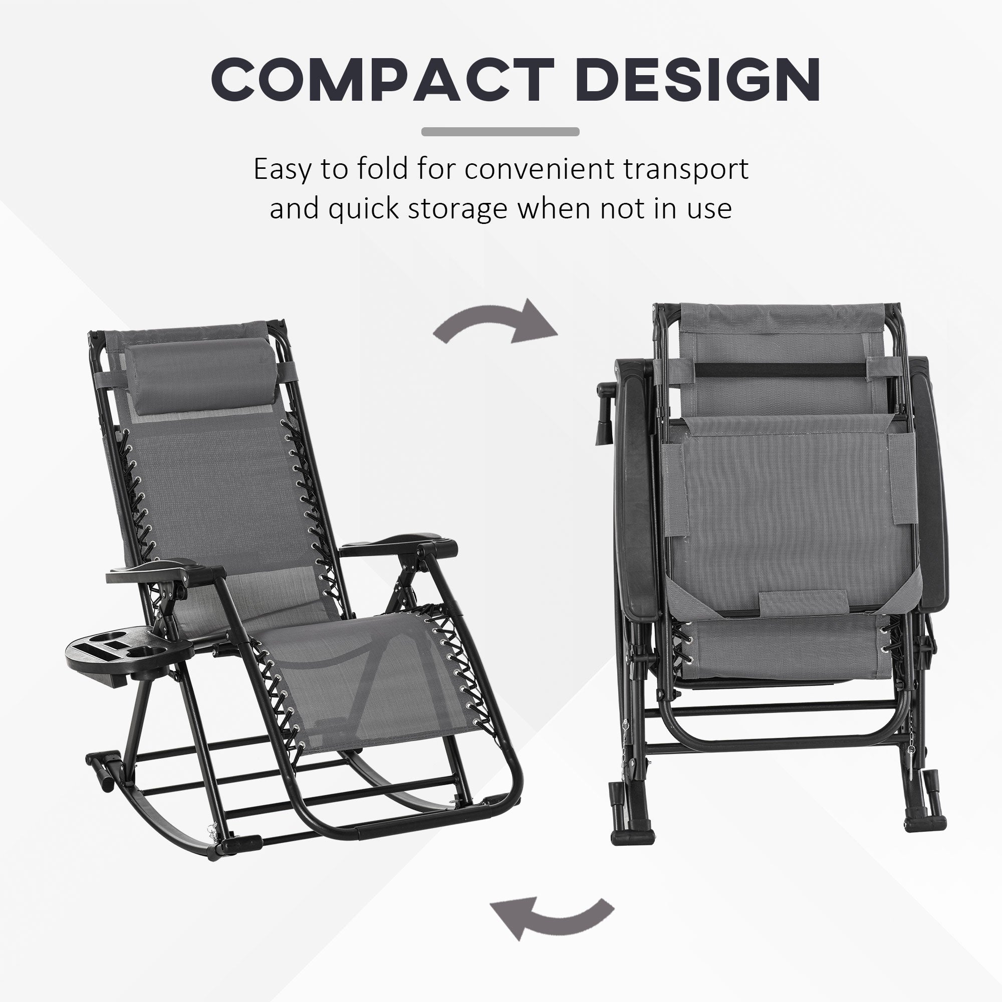 Outsunny Garden Rocking Chair Folding Recliner Outdoor Adjustable Sun Lounger Rocker Zero-Gravity Seat with Headrest Side Holder Patio Deck - Grey 
