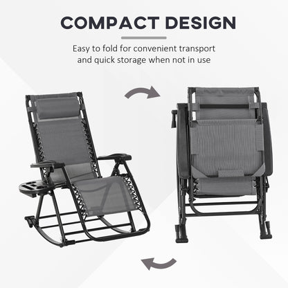 Outsunny Garden Rocking Chair Folding Recliner Outdoor Adjustable Sun Lounger Rocker Zero-Gravity Seat with Headrest Side Holder Patio Deck - Grey 