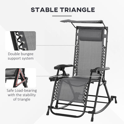 Outsunny Garden Rocking Chair Folding Recliner Outdoor Adjustable Sun Lounger Rocker Zero-Gravity Seat with Headrest Side Holder Patio Deck - Grey 