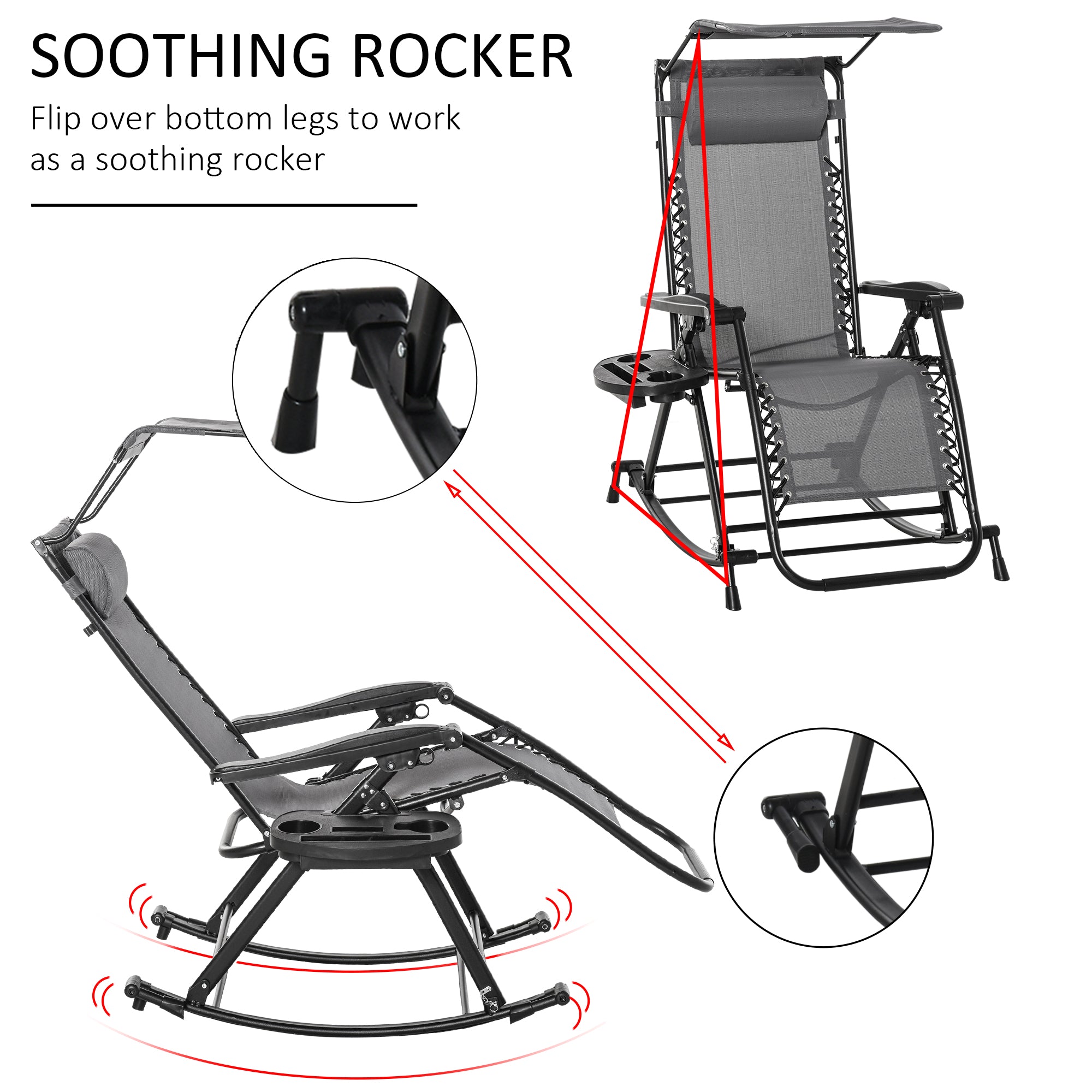Outsunny Garden Rocking Chair Folding Recliner Outdoor Adjustable Sun Lounger Rocker Zero-Gravity Seat with Headrest Side Holder Patio Deck - Grey 