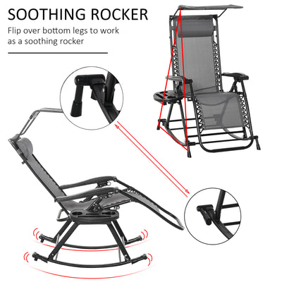 Outsunny Garden Rocking Chair Folding Recliner Outdoor Adjustable Sun Lounger Rocker Zero-Gravity Seat with Headrest Side Holder Patio Deck - Grey 