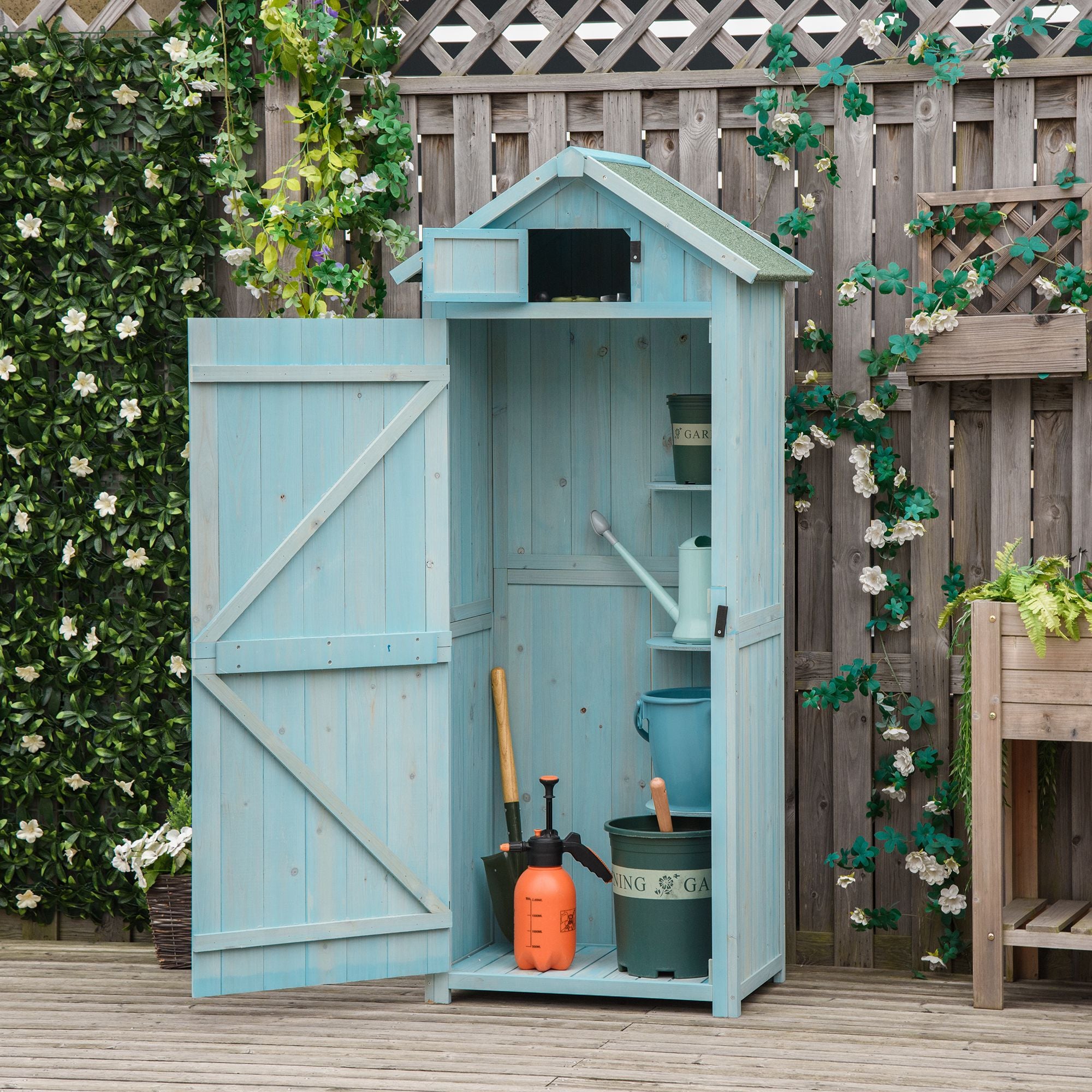 Outsunny Garden Shed Vertical Utility 3 Shelves Shed Wood Outdoor Garden Tool Storage Unit Storage Cabinet, 77 x 54.2 x 179cm - Blue 