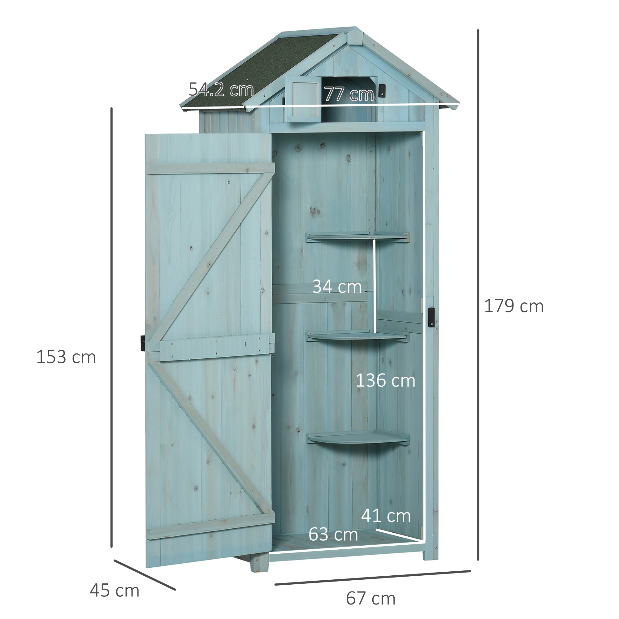 Outsunny Garden Shed Vertical Utility 3 Shelves Shed Wood Outdoor Garden Tool Storage Unit Storage Cabinet, 77 x 54.2 x 179cm - Blue 
