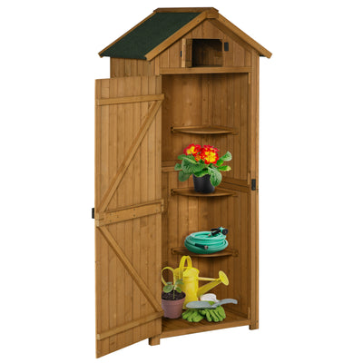 Outsunny Garden Shed Vertical Utility 3 Shelves Shed Wood Outdoor Garden Tool Storage Unit Storage Cabinet, 77 x 54.2 x 179cm - Brown 