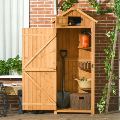 Outsunny Garden Shed Vertical Utility 3 Shelves Shed Wood Outdoor Garden Tool Storage Unit Storage Cabinet, 77 x 54.2 x 179cm - Brown 