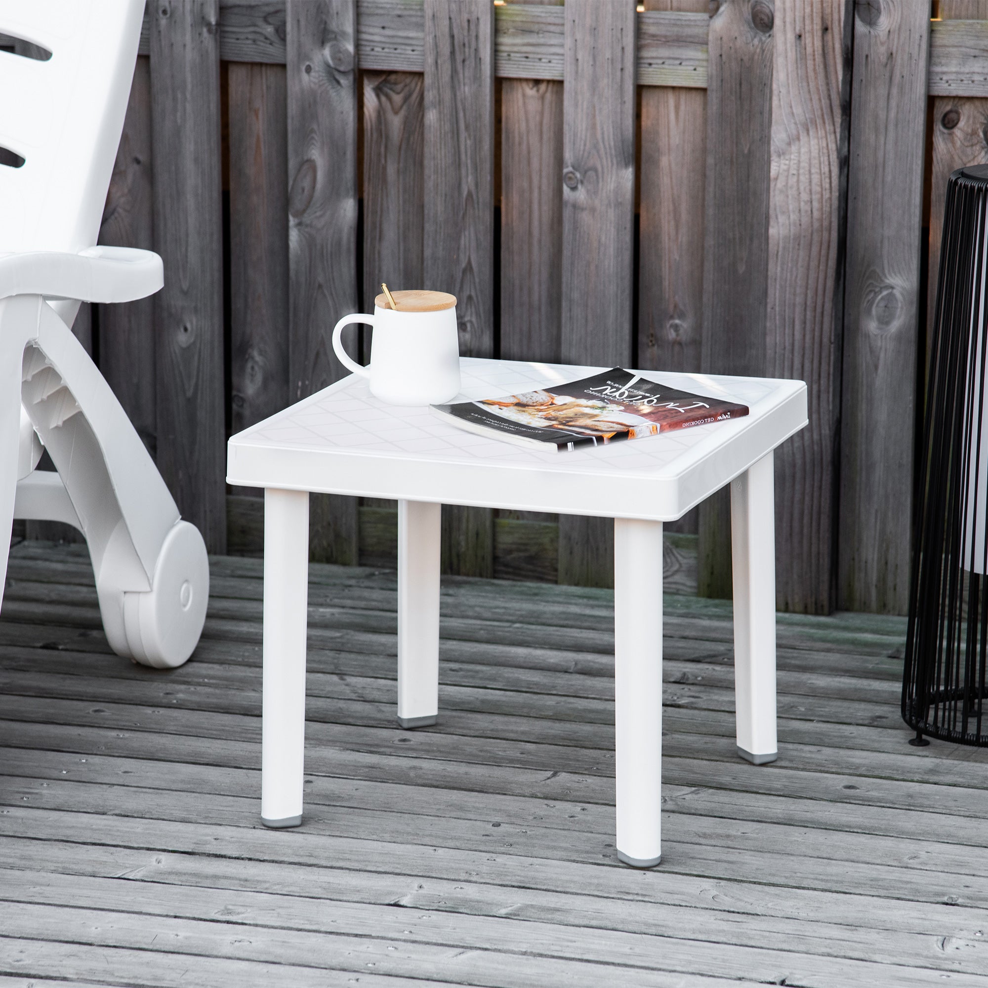 Outsunny Garden Side Table Plastic Outdoor Square Coffee End Table for Drink Snack, White 