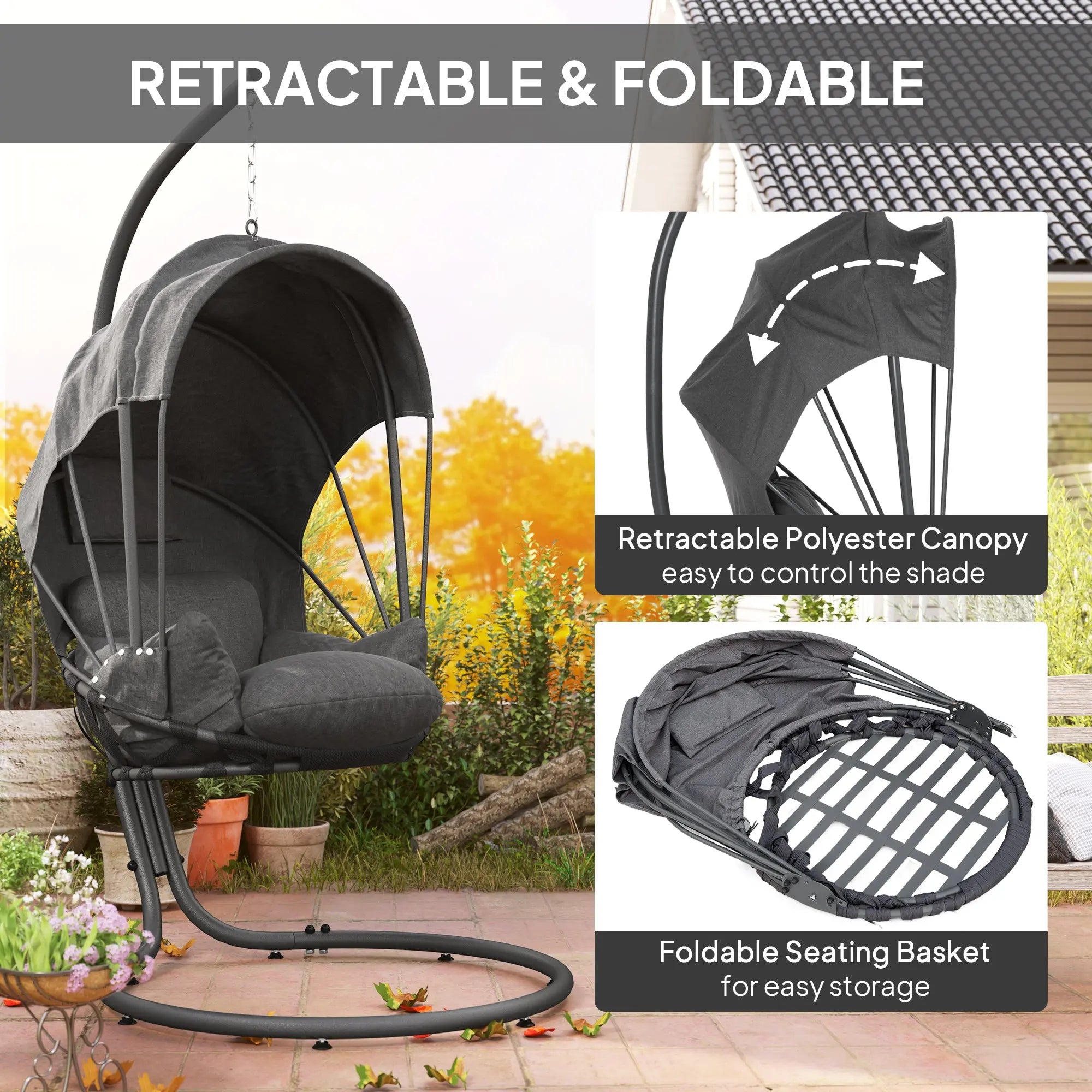 Outsunny Hanging Egg Chair Swing Hammock Chair with Stand, Cushion and Retractable Canopy, for Indoor and Outdoor, Grey 