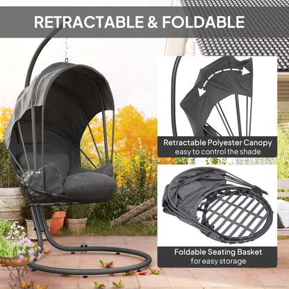 Outsunny Hanging Egg Chair Swing Hammock Chair with Stand, Cushion and Retractable Canopy, for Indoor and Outdoor, Grey 