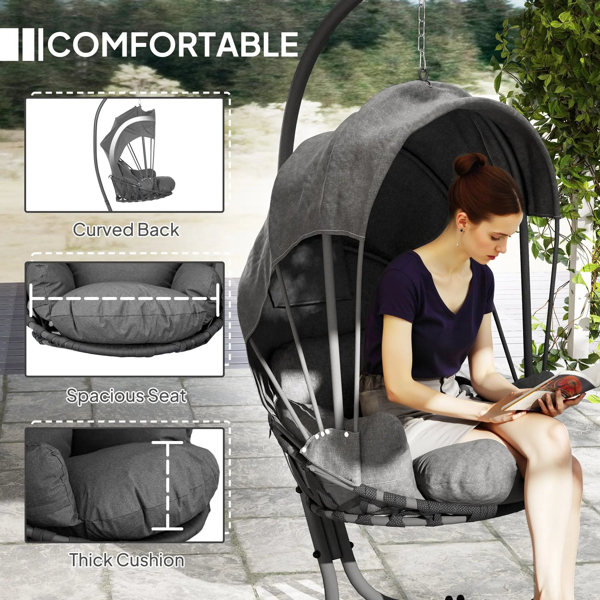 Outsunny Hanging Egg Chair Swing Hammock Chair with Stand, Cushion and Retractable Canopy, for Indoor and Outdoor, Grey 