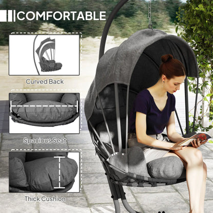 Outsunny Hanging Egg Chair Swing Hammock Chair with Stand, Cushion and Retractable Canopy, for Indoor and Outdoor, Grey 