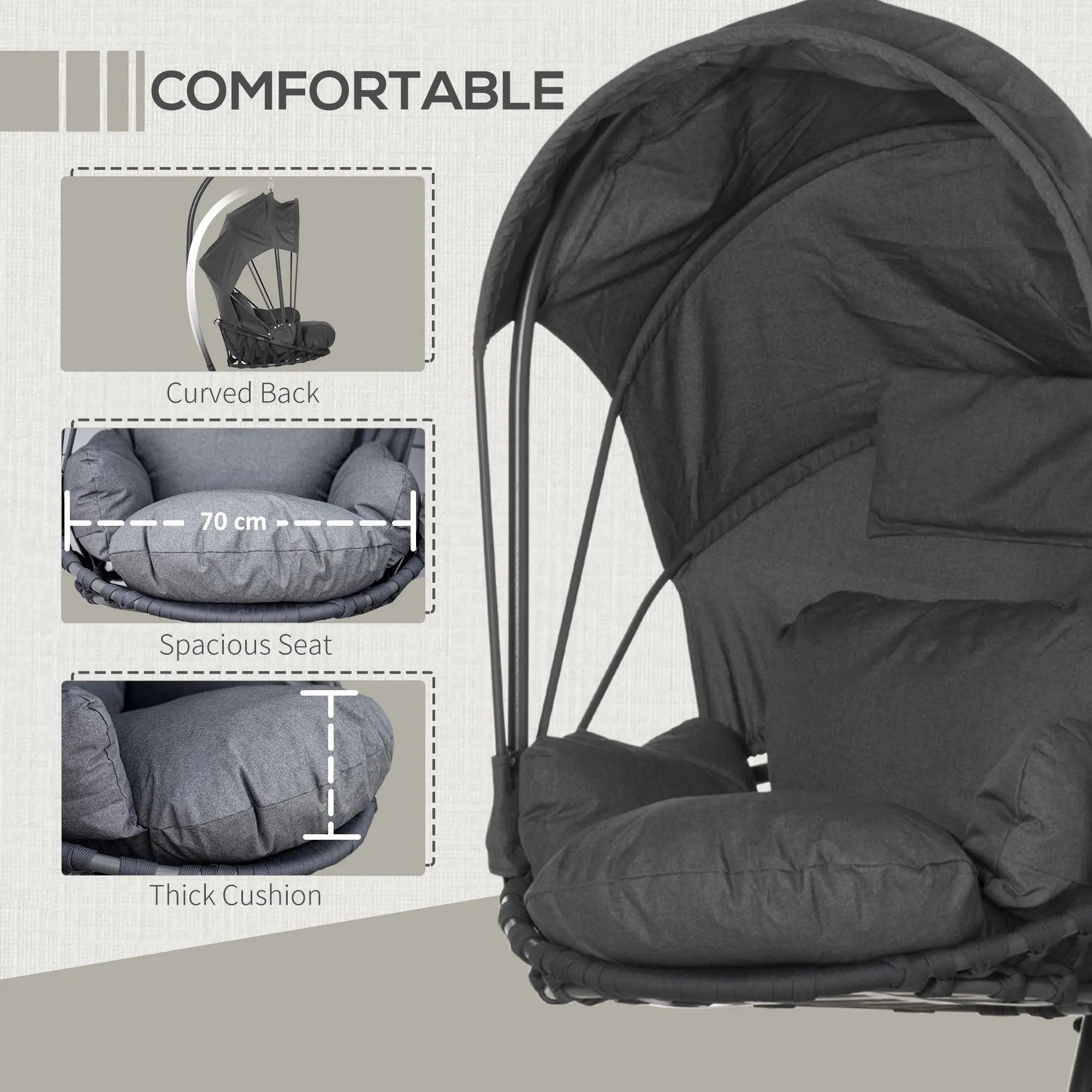 Outsunny Hanging Egg Chair Swing Hammock Chair with Stand, Cushion and Retractable Canopy, for Indoor and Outdoor, Grey 