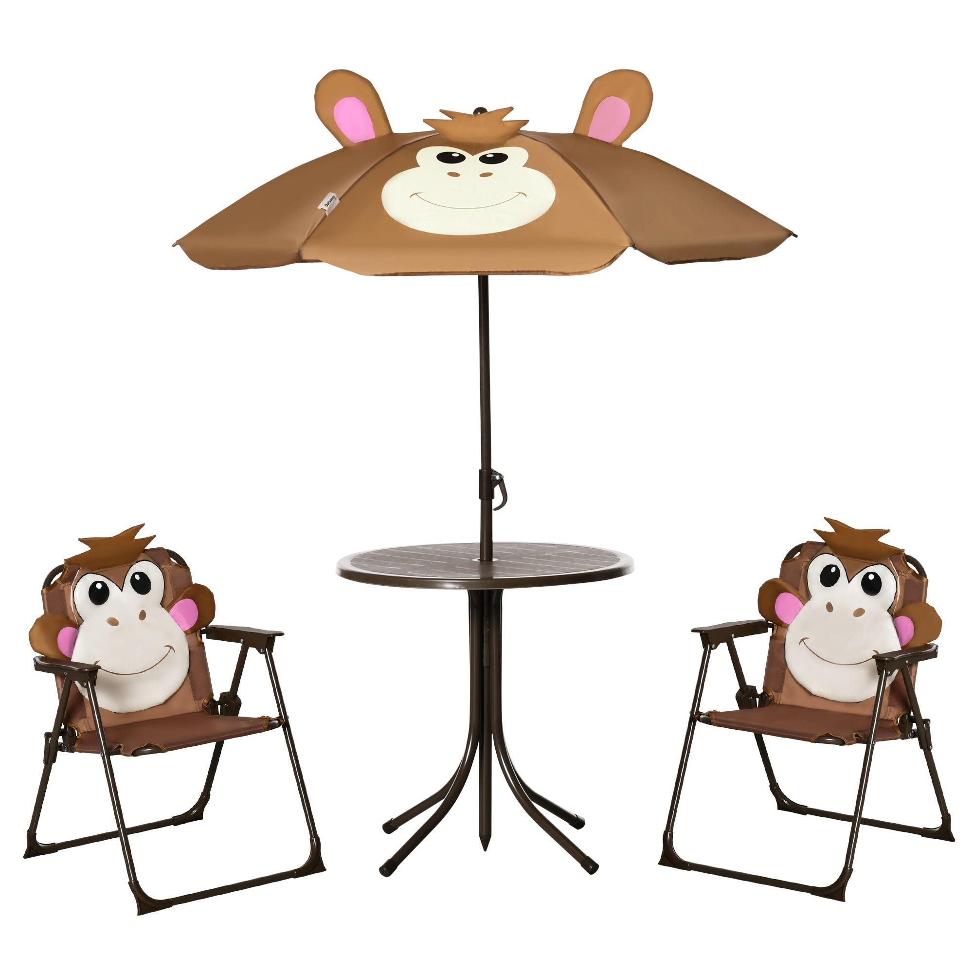 Outsunny Kids Bistro Table and Chair Set, Outdoor Folding Garden Furniture w/Monkey Design, Removable, Adjustable Sun Umbrella, Ages 3-6 Years - Brown 