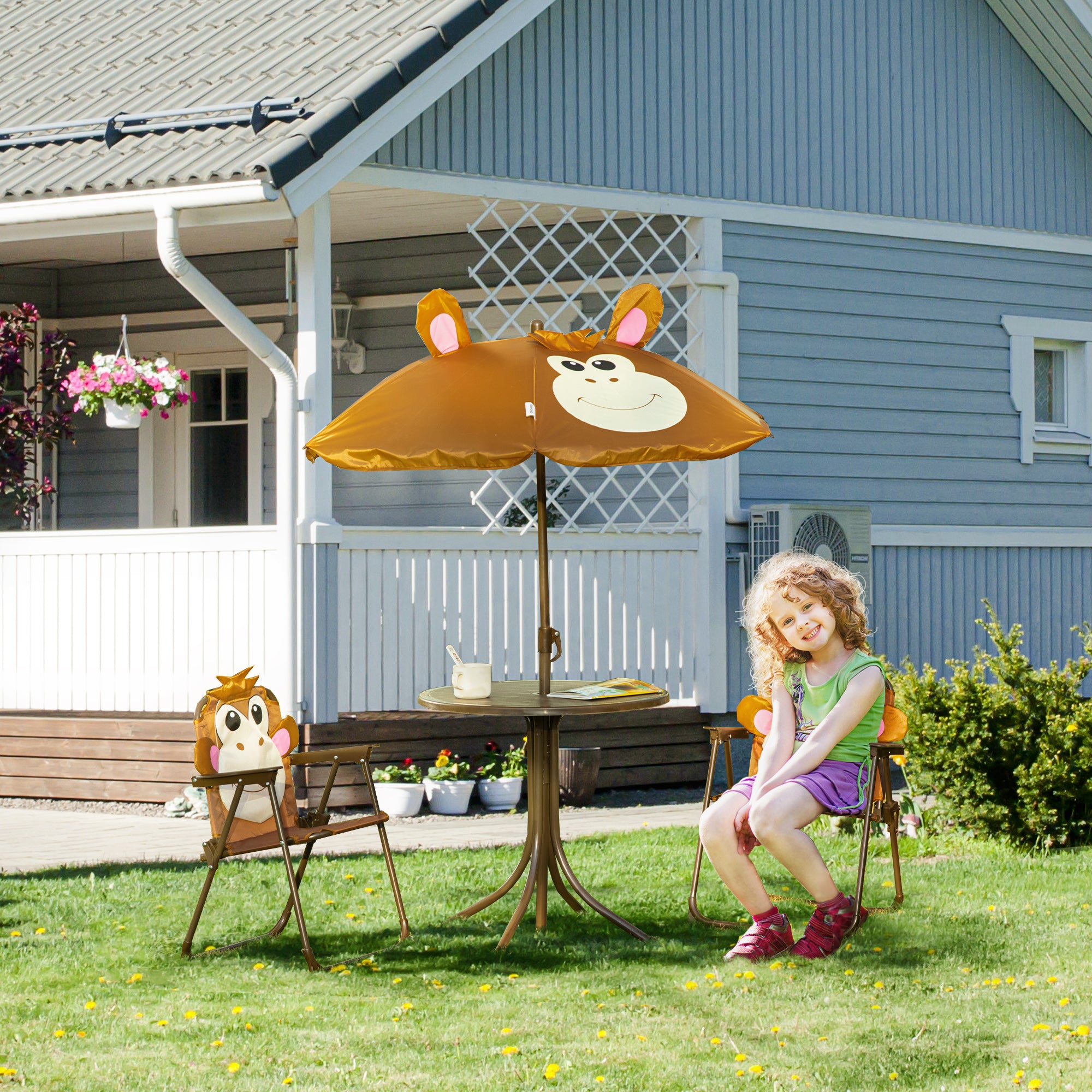 Outsunny Kids Bistro Table and Chair Set, Outdoor Folding Garden Furniture w/Monkey Design, Removable, Adjustable Sun Umbrella, Ages 3-6 Years - Brown 