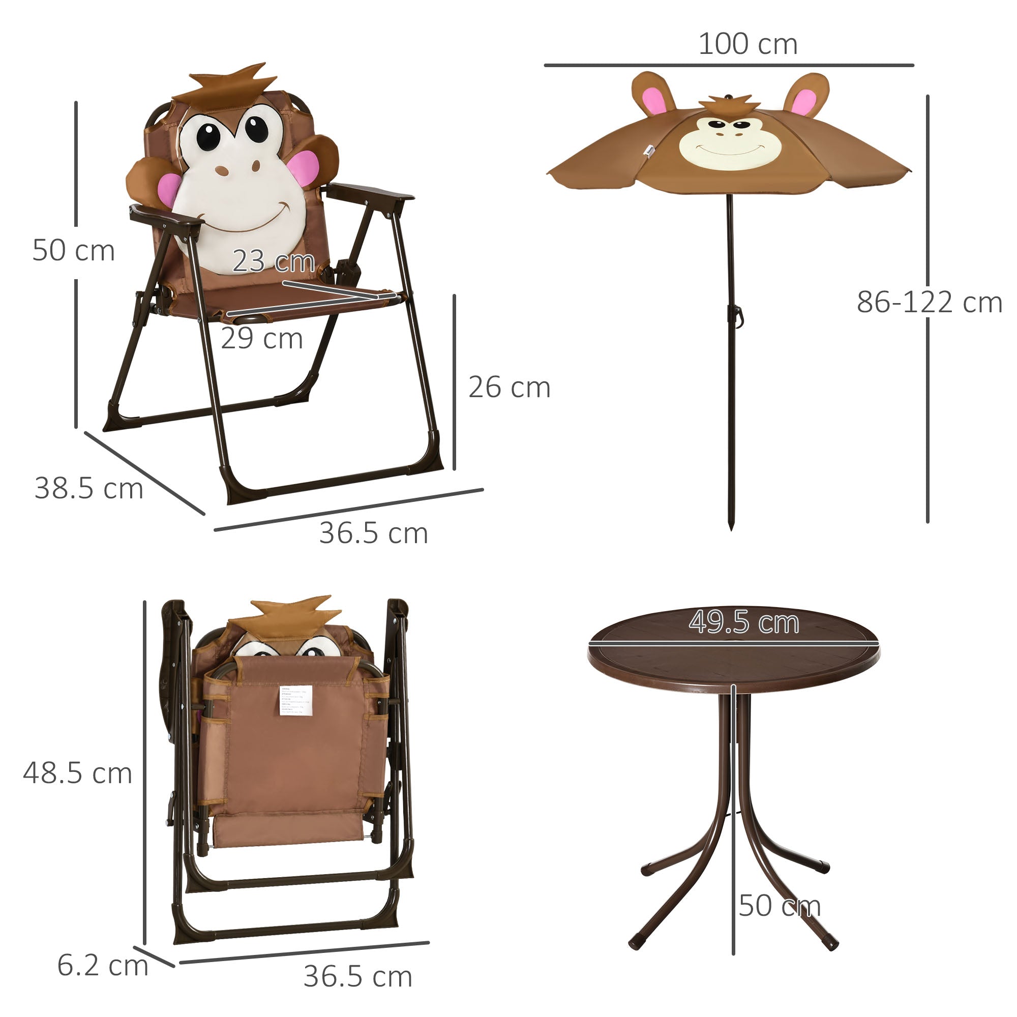 Outsunny Kids Bistro Table and Chair Set, Outdoor Folding Garden Furniture w/Monkey Design, Removable, Adjustable Sun Umbrella, Ages 3-6 Years - Brown 