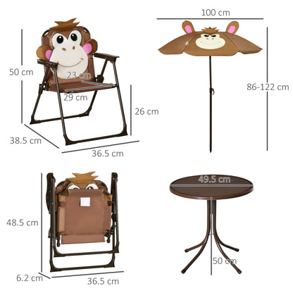 Outsunny Kids Bistro Table and Chair Set, Outdoor Folding Garden Furniture w/Monkey Design, Removable, Adjustable Sun Umbrella, Ages 3-6 Years - Brown 