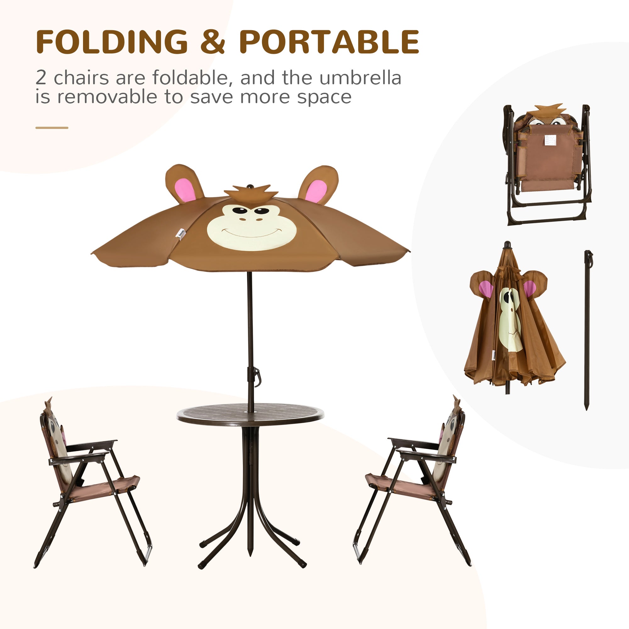 Outsunny Kids Bistro Table and Chair Set, Outdoor Folding Garden Furniture w/Monkey Design, Removable, Adjustable Sun Umbrella, Ages 3-6 Years - Brown 
