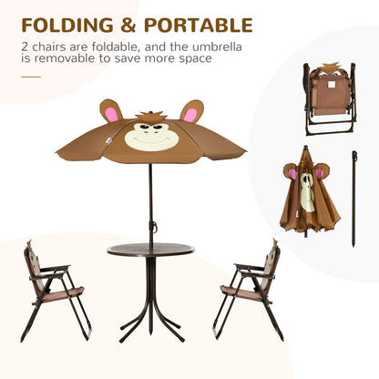 Outsunny Kids Bistro Table and Chair Set, Outdoor Folding Garden Furniture w/Monkey Design, Removable, Adjustable Sun Umbrella, Ages 3-6 Years - Brown 